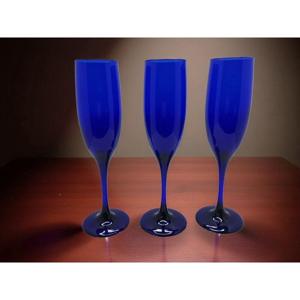 vintage libbeys set of 3 flutted colbalt blue champagne glasses bar ware